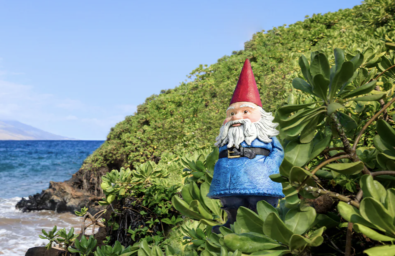 A garden gnome with a red hat and white beard stands among green plants on a sunny tropical coast, overlooking a blue ocean with a distant island.