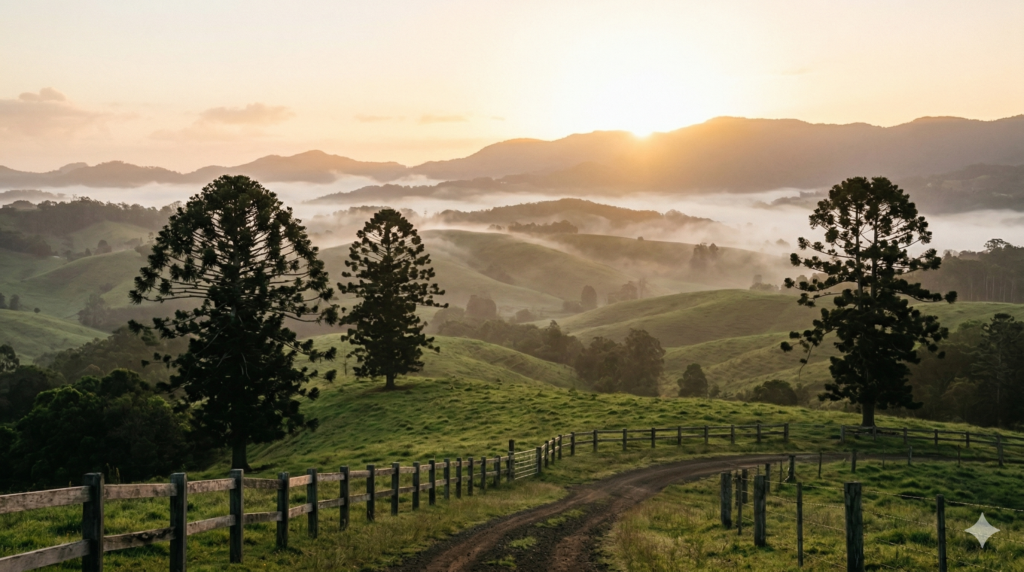 A dirt road and wooden fence lead through misty, green rolling hills with three tall pine trees at sunrise or sunset.