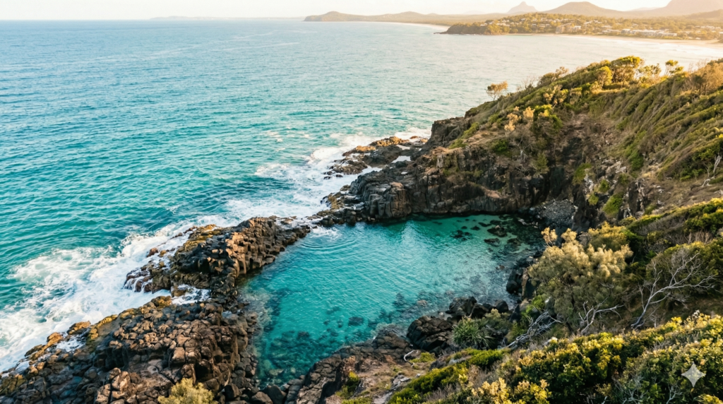 An aerial view of a rocky coastline featuring a natural turquoise rock pool, with waves crashing against the rocks and a distant shoreline under a bright sky.