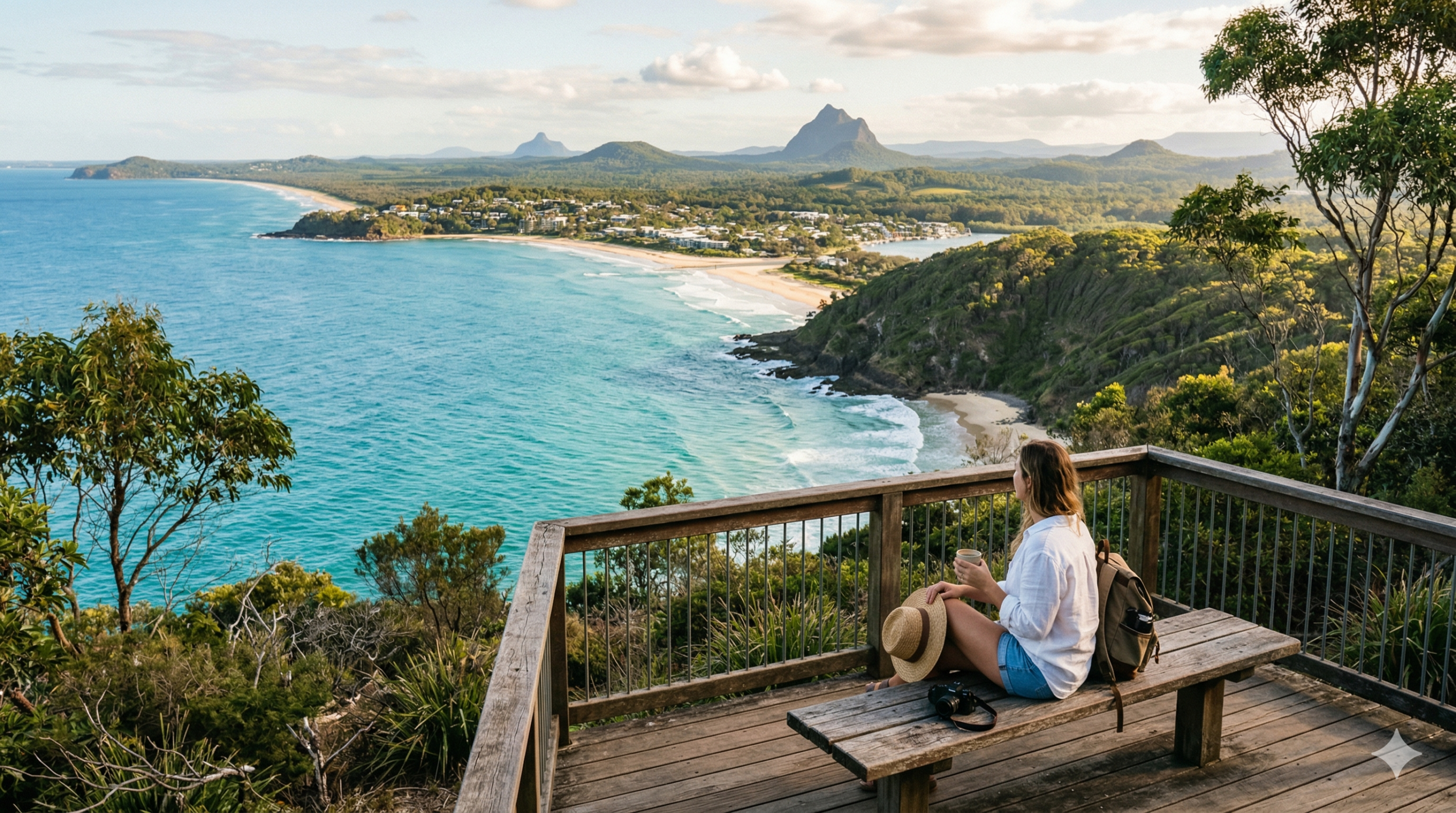 A woman sits on a wooden bench on an observation deck, overlooking a vast turquoise ocean, sandy beaches, a coastal town, and distant mountains under a partly cloudy sky.